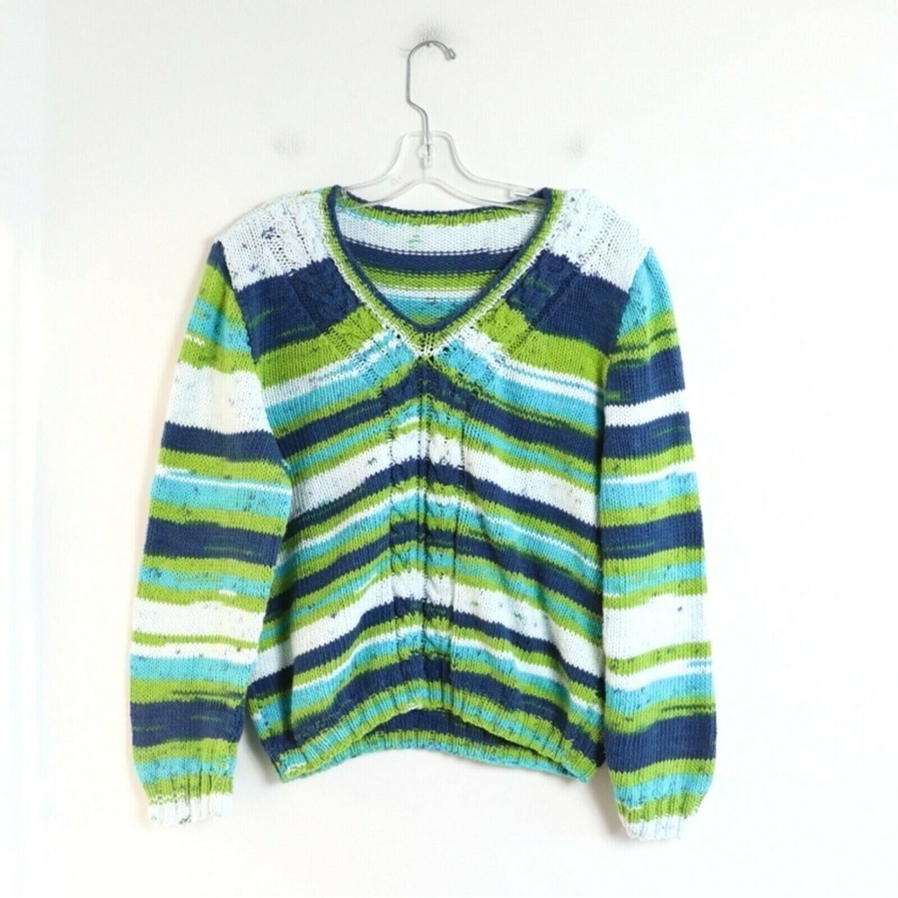 Oversized hand-knit striped sweater long sleeve top M L cotton trendy 90 cottage
